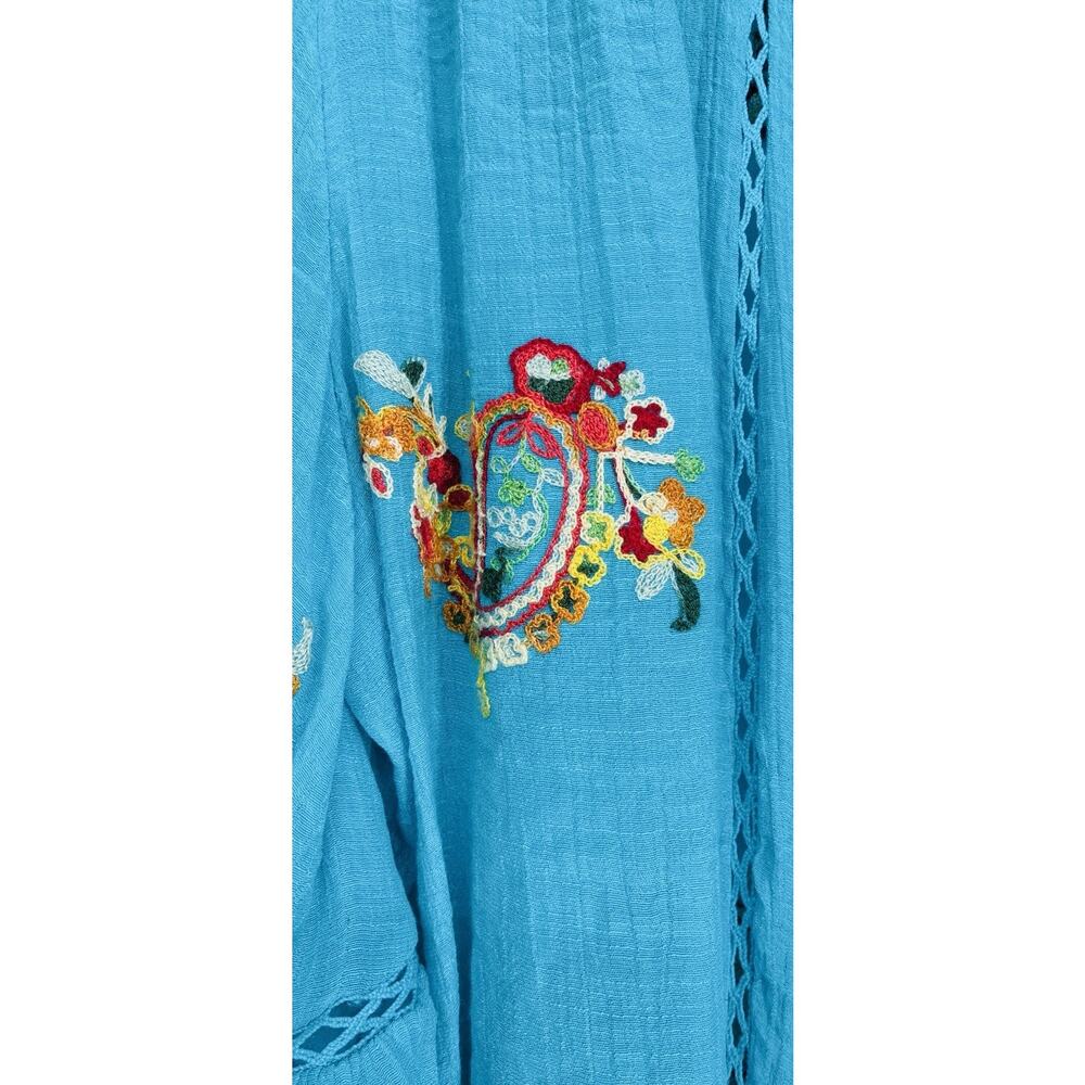 Figueroa & Flower XL Turquoise Embroidered Paisley Gauze Boho Btn Frnt Bell Slv - Picture 3 of 8